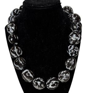 Large Organic Black Bead Necklace White Marbled Pattern Boho Statement